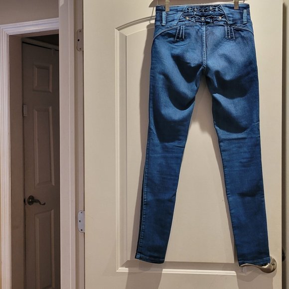 Electric Blue 3 Button Jeans With Rhinestones - Picture 3 of 6